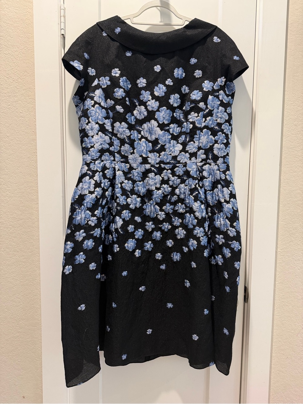 Rickie Freeman for Teri Jon Black Midi Dress with Light Blue Floral Embroidery